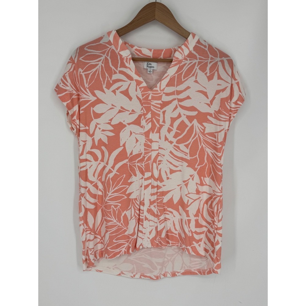Kim Rogers Women's V-Neck Blouse Size Small Blouse Stretch Tropical Leaves B6